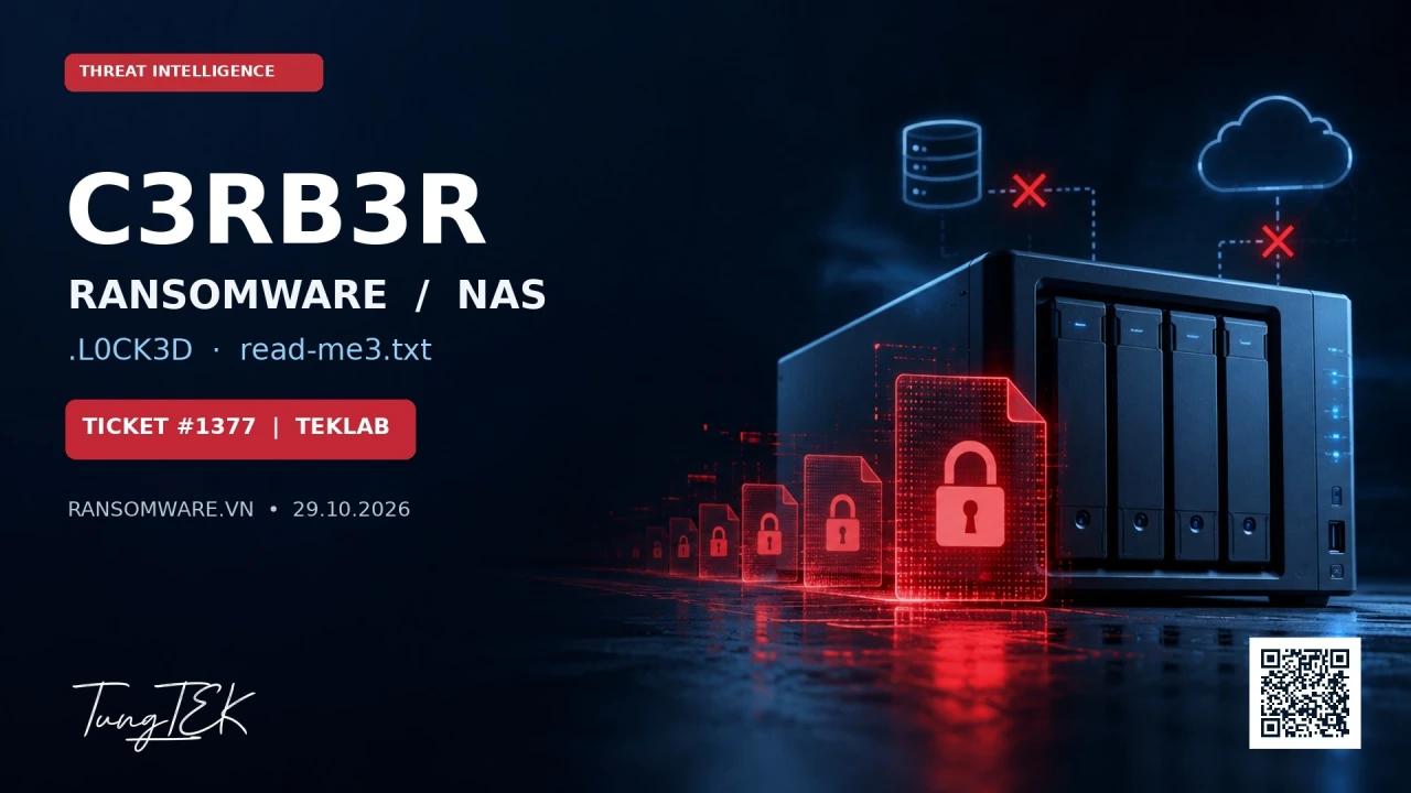 Ảnh minh họa biên tập C3RB3R/.L0CK3D trên NAS từ bộ TEKLink218, có chữ ký TungTEK gốc tách nền và QR bitmap gốc; không phải thiết bị khách hàng.