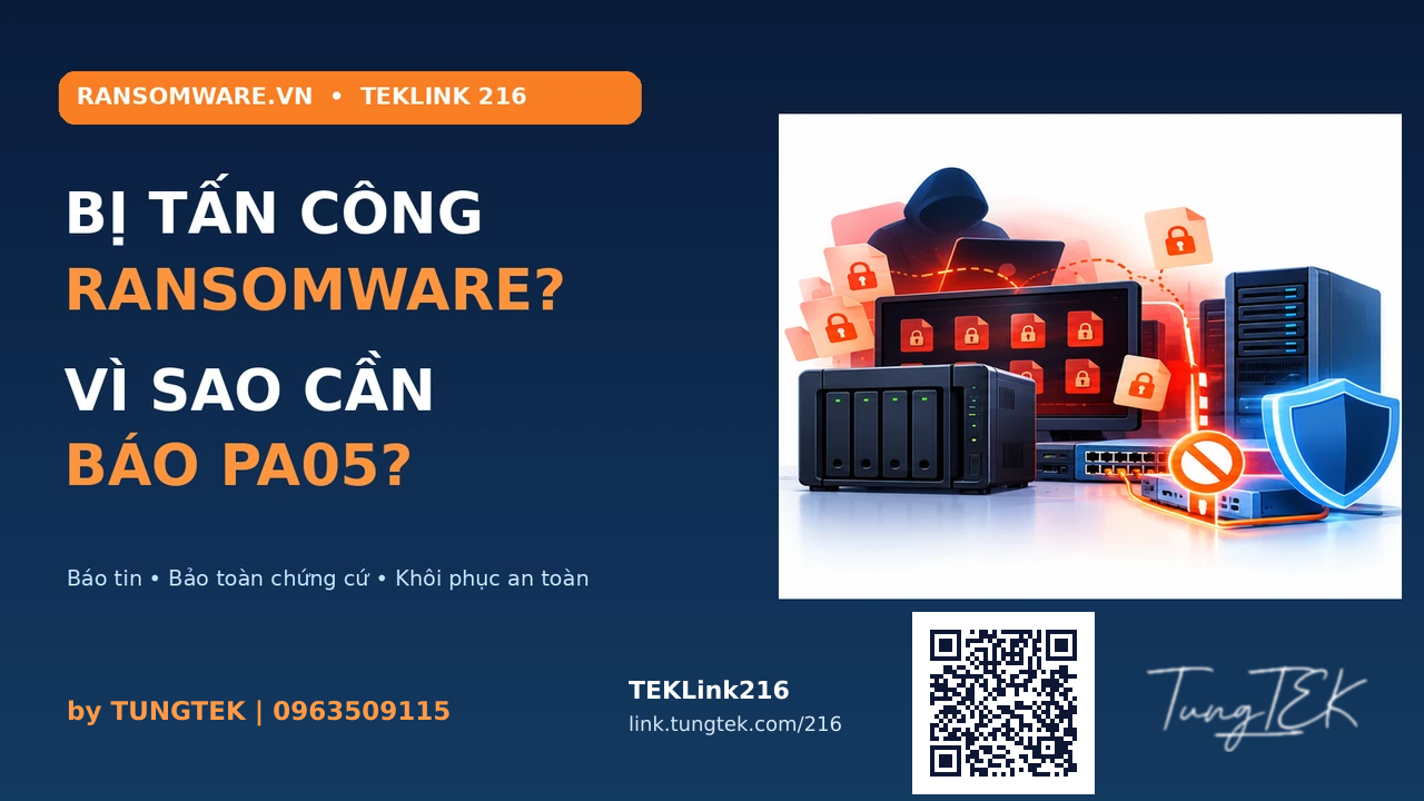 Ransomware và PA05: ảnh bìa với QR TEKLink216 thật và chữ ký TungTEK gốc tách nền, bố trí riêng bên dưới nội dung.