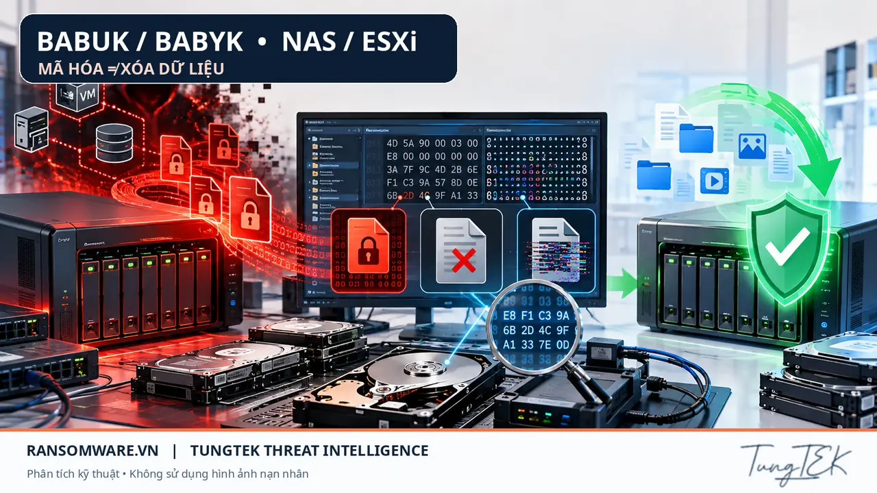 Editorial depiction of Babuk/BabyK NAS compromise, hex/disk examination and secure recovery with authentic original TUNGTEK signature.