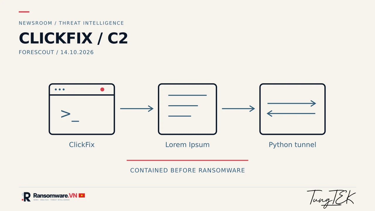 Minh họa chuỗi ClickFix, Lorem Ipsum Loader và Python tunnel được ngăn chặn trước ransomware; logo Ransomware.VN, cờ Việt Nam, chữ ký TUNGTEK gốc.